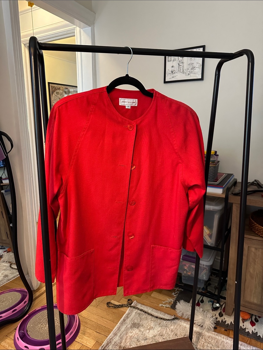 Vintage suit set: Jones New York Bright Red Collarless Button Jacket & matching